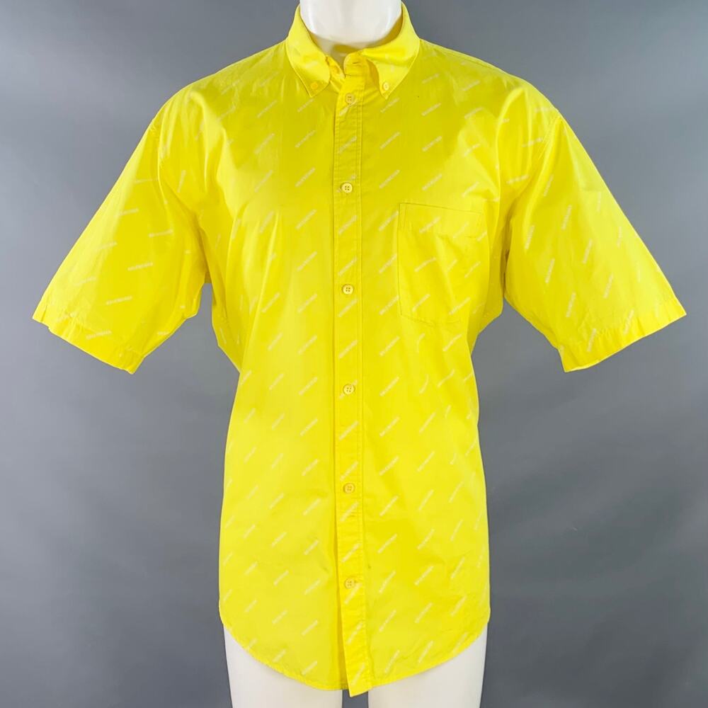BALENCIAGA WARDROBE Yellow White Logo Cotton Button Down Collar One Pocket Shirt